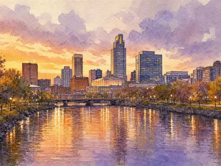 Berkshire Hathaway (B) Heimatstadt Omaha ISIN US0846707026 – Skyline in romantischer Aquarell-Malerei - Foto: THN