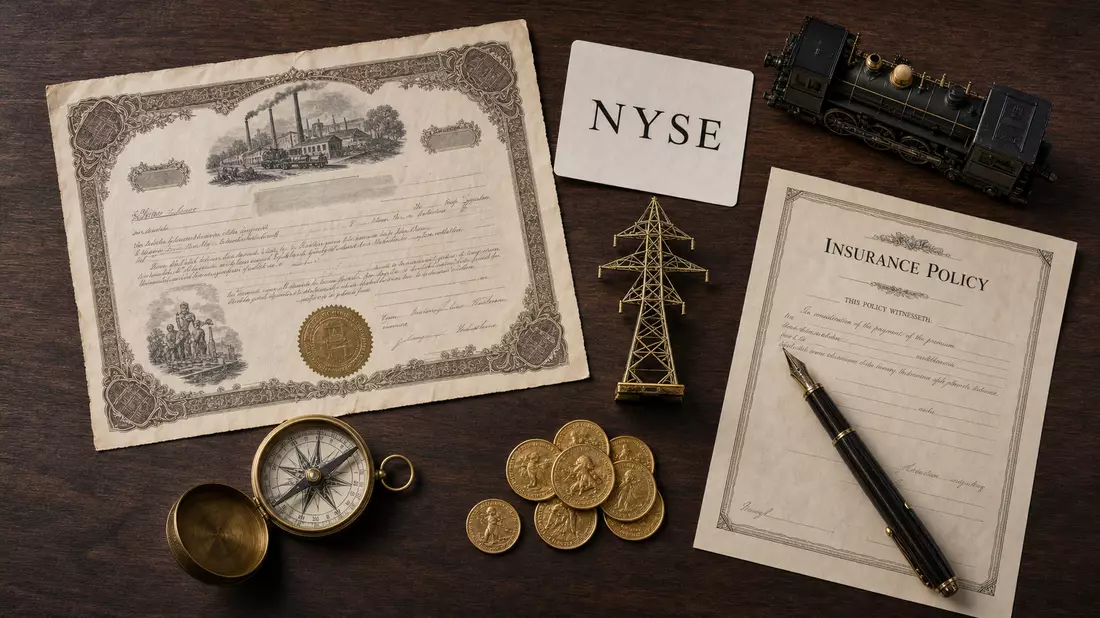 Flatlay auf Nussbaumholz mit Aktienzertifikat, NYSE-Karte, Modelllokomotive und Kompass