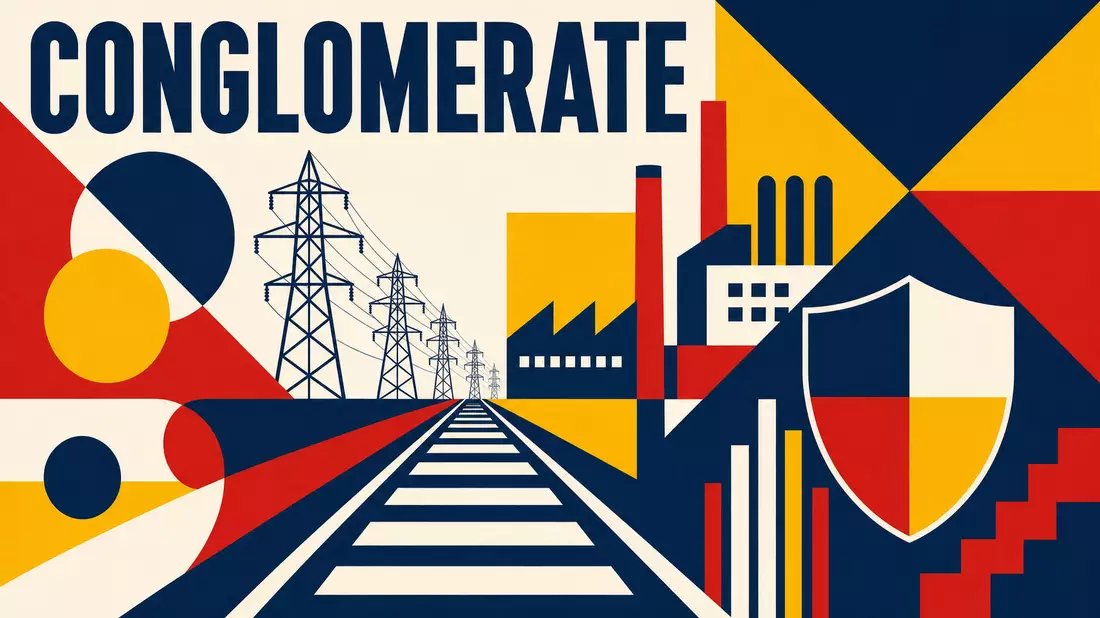 Bauhaus-Geometrie-Poster mit CONGLOMERATE-Schriftzug, Pylonen, Schienen und Fabriksilhouetten