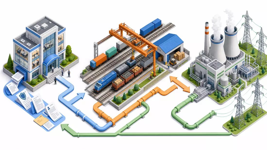 Isometrische 3D-Illustration der Wertschöpfungskette: Versicherungsbüro, Gütergleise und Kraftwerk