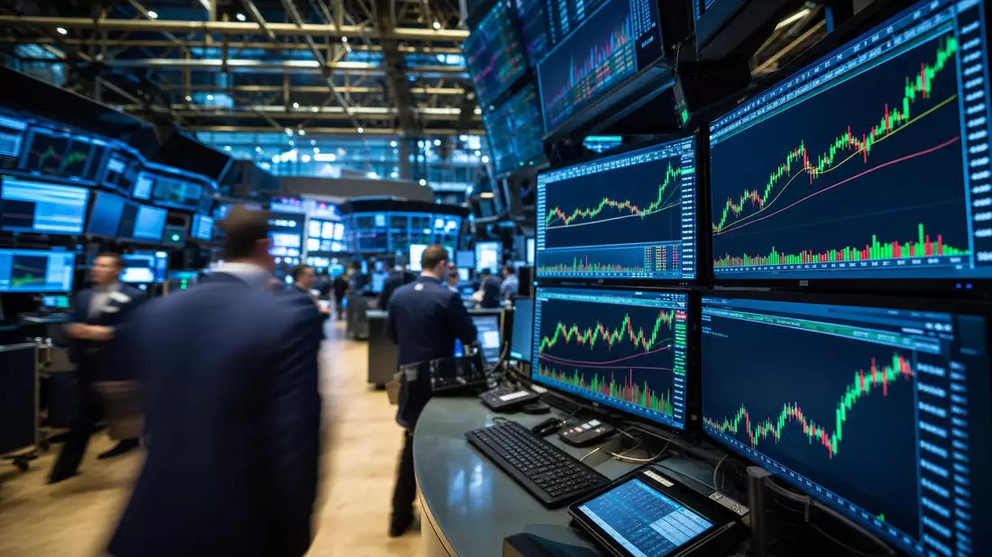Editorialfoto des NYSE-Handelsparketts mit leuchtenden Monitoren und Candlestick-Charts