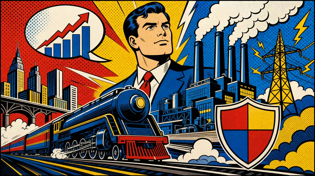 Pop-Art-Comic mit stylisierter Dampflokomotive, Fabrik, Strommast und Versicherungsschild in Primärfarben