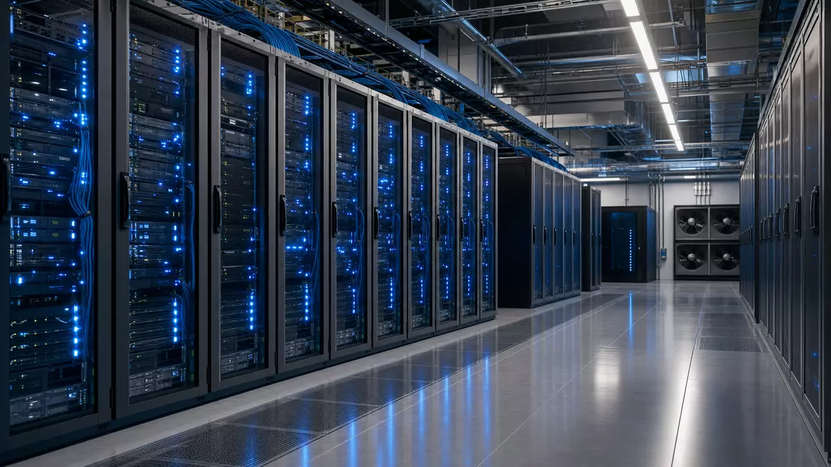 Modernes Rechenzentrum mit blauen LED-Server-Racks, IT-Infrastruktur Bechtle AG