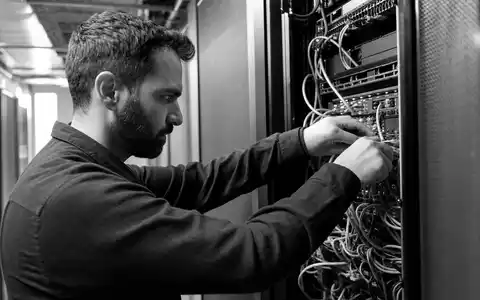 Bechtle AG zeigt in SW-Reportage einen IT-Techniker bei der Server-Wartung in professionellem Rechenzentrum, DE0005158703 - Foto: THN