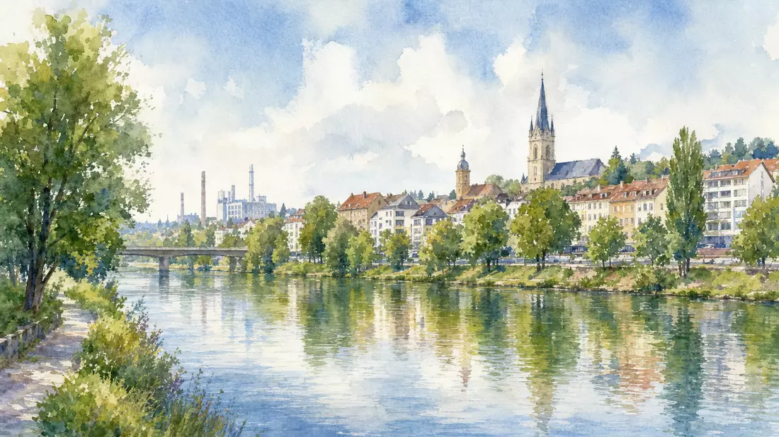 Aquarellmalerei der Neckarsulmer Stadtsilhouette mit Fluss und Bäumen