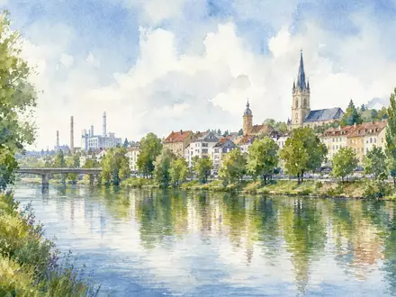 Bechtle AG Stammsitz Neckarsulm als stimmungsvolles Aquarellgemälde mit Neckar und Stadtsilhouette, ISIN DE0005158703 - Foto: THN