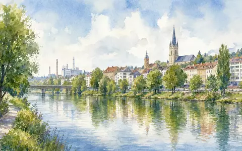 Bechtle AG Stammsitz Neckarsulm als stimmungsvolles Aquarellgemälde mit Neckar und Stadtsilhouette, ISIN DE0005158703 - Foto: THN