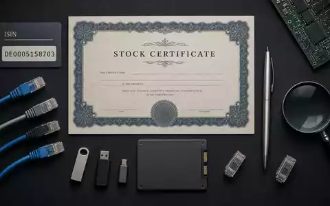 Bechtle AG Aktien-Flatlay mit ISIN-Karte DE0005158703, Aktienzertifikat, Netzwerkkabeln und IT-Komponenten auf dunklem Untergrund - Foto: THN