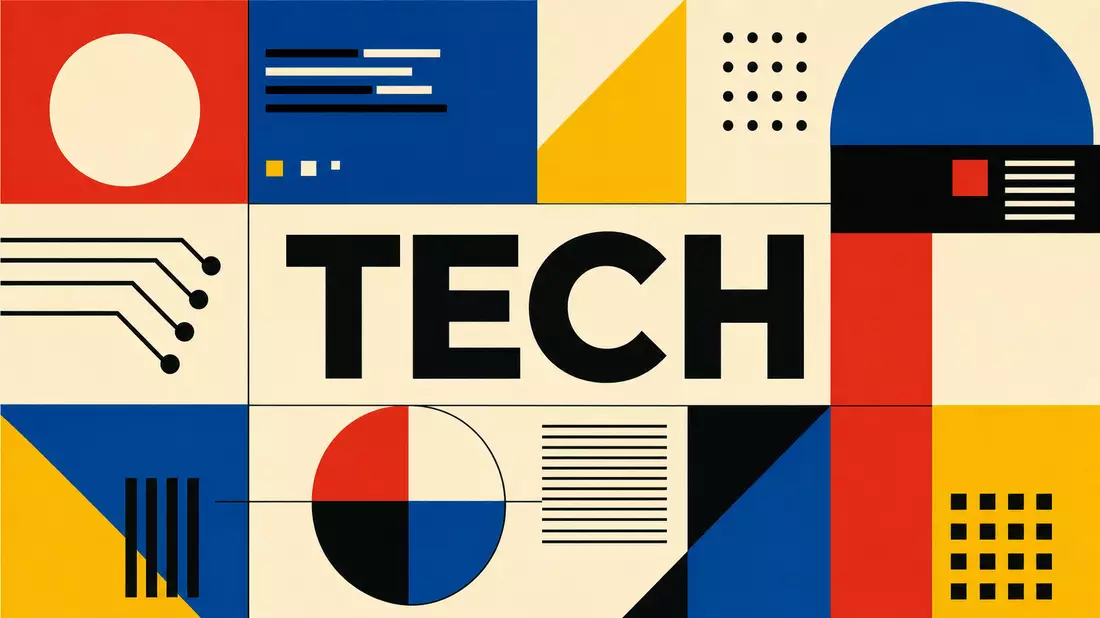 Bauhaus-Poster mit geometrischen Formen in Primärfarben und TECH-Schriftzug