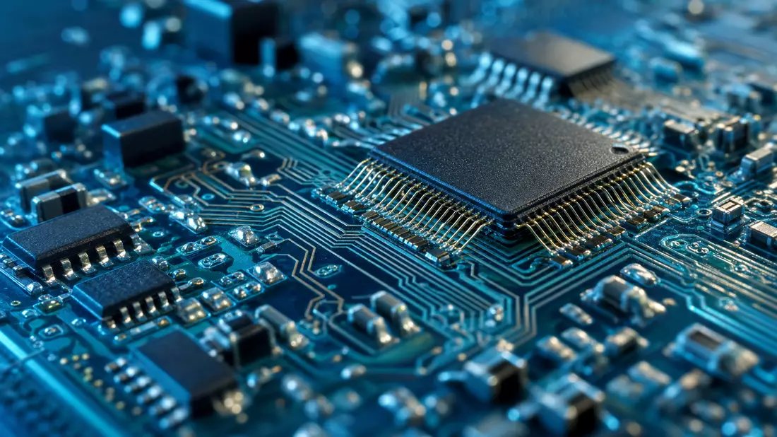 Extreme Makroaufnahme einer Computerplatine mit Microchips und Kupferleiterbahnen