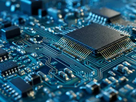 Bechtle AG IT-Branche im Makro zeigt Platine mit Microchips, Kupferleiterbahnen und feinen Lötpunkten, Aktie DE0005158703 - Foto: THN