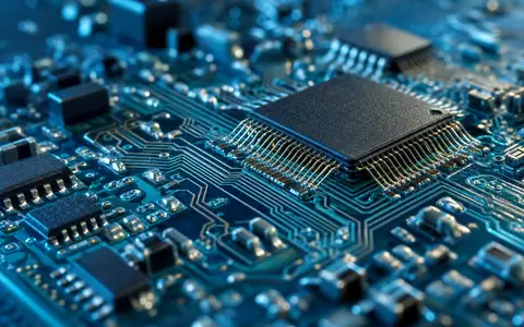 Bechtle AG IT-Branche im Makro zeigt Platine mit Microchips, Kupferleiterbahnen und feinen Lötpunkten, Aktie DE0005158703 - Foto: THN