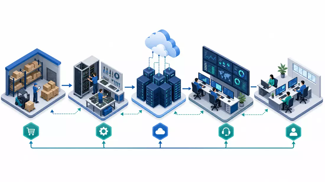 Isometrische 3D-Darstellung der IT-Wertschöpfungskette von Hardware bis Managed Services
