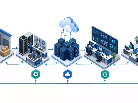 Bechtle AG IT-Wertschöpfungskette als isometrische 3D-Illustration von Hardware über Cloud bis zu Managed Services, DE0005158703 - Foto: THN