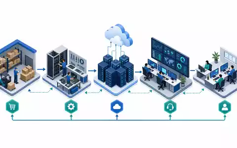 Bechtle AG IT-Wertschöpfungskette als isometrische 3D-Illustration von Hardware über Cloud bis zu Managed Services, DE0005158703 - Foto: THN