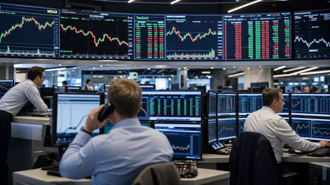 Börsen-Editorial Frankfurter Trading-Floor mit MDAX- und TecDAX-Chartanzeigen