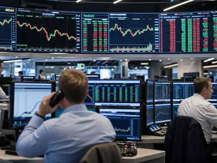 Bechtle AG MDAX-Aktie DE0005158703 im Frankfurter Börsen-Editorial mit Händlern und TecDAX-Chartanzeigen an Monitoren - Foto: THN