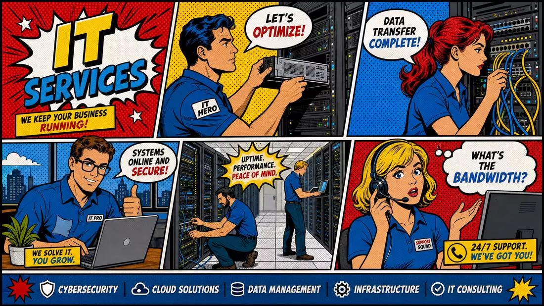 Pop-Art-Comic mit IT-Technikern, Server-Racks und bunten Sprechblasen im Lichtenstein-Stil