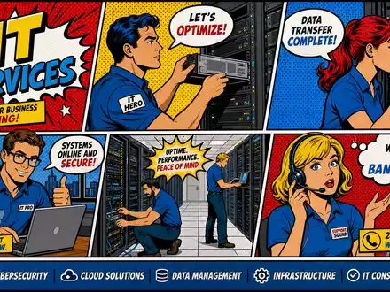 Bechtle AG IT-Services als bunter Pop-Art-Comic mit Technikern, Sprechblasen und Server-Racks, Aktie DE0005158703 - Foto: THN
