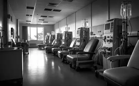 Baxter International Inc. Dialysestation in dokumentarischer Schwarzweiß-Aufnahme zeigt US0673431090 Nierentherapiegeräte in klinischer Umgebung - Foto: THN