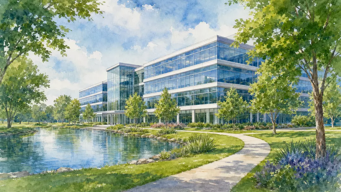 Aquarell-Gemälde eines modernen Bürocampus mit Glasfassade und Teich
