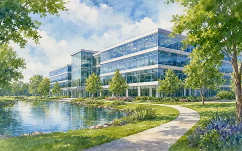 Aquarell des Baxter International Inc. Hauptsitzes in Deerfield Illinois zeigt US0673431090 Unternehmensgebäude idyllisch - Foto: THN