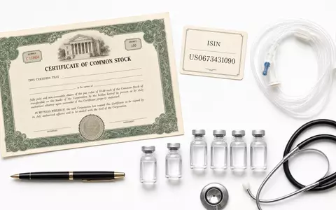 Flatlay mit Aktien-Zertifikat, ISIN-Karte US0673431090 und Medizinprodukten von Baxter International Inc. arrangiert - Foto: THN