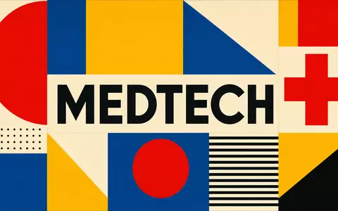 Bauhaus-Poster mit MEDTECH-Schriftzug repräsentiert Baxter International Inc. Sektor und ISIN US0673431090 geometrisch - Foto: THN