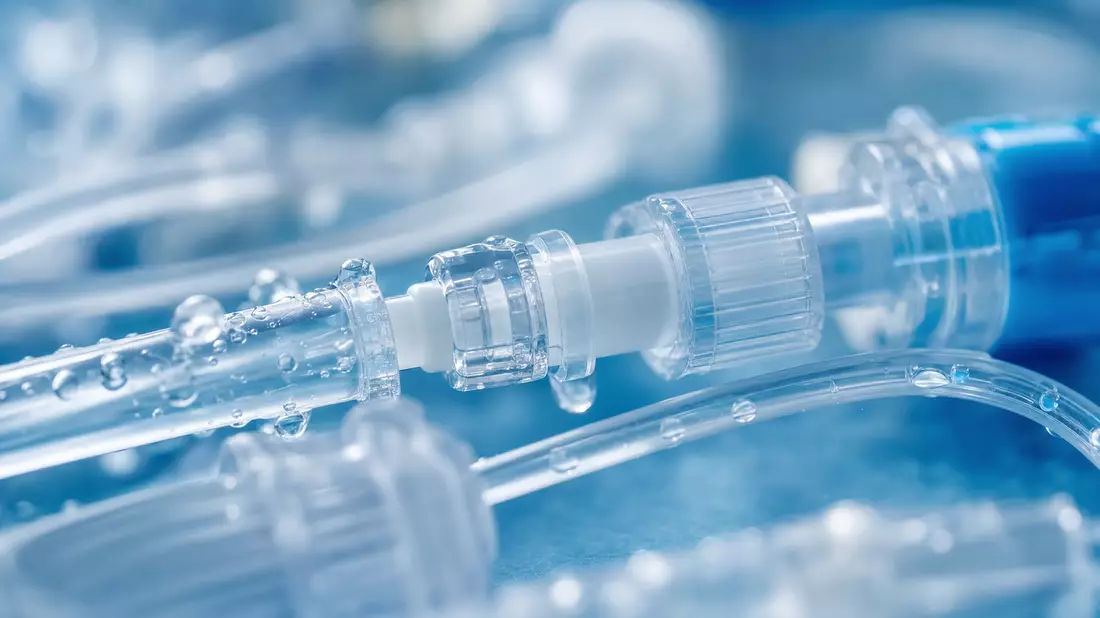 Extreme Makro-Detailaufnahme von medizinischen IV-Schlauch-Luer-Lock-Verbindern mit Wassertropfen