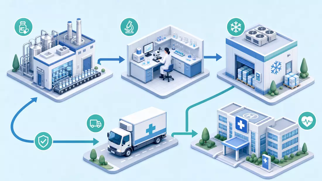 Isometrische 3D-Illustration der Medizinprodukt-Lieferkette von Produktion bis Krankenhaus