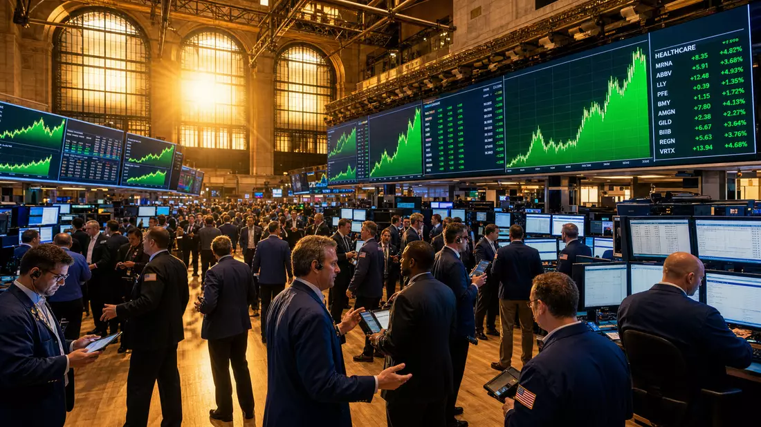 Belebter NYSE-Handelssaal mit grünen Healthcare-Kurscharts auf großen Bildschirmen