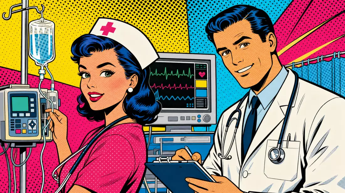 Buntes Pop-Art-Comic mit Krankenschwester und Arzt vor Patientenmonitor mit Halbtönmuster