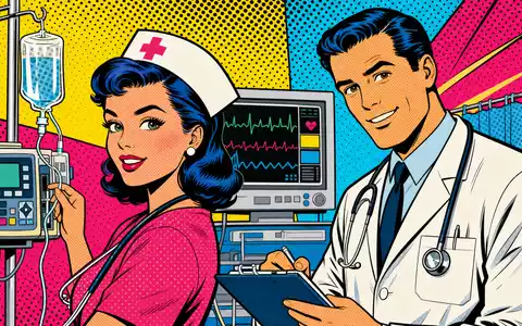 Pop-Art-Comic zeigt Krankenschwester und Arzt mit IV-Gerät als Baxter International Inc. US0673431090 Medizintechnik-Szene - Foto: THN