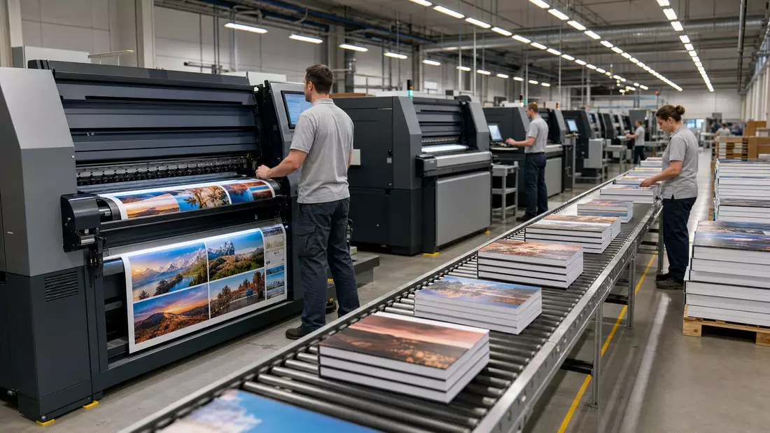 Moderne Fotodruck-Produktionshalle mit Druckmaschinen und Förderbändern voller Fotobücher