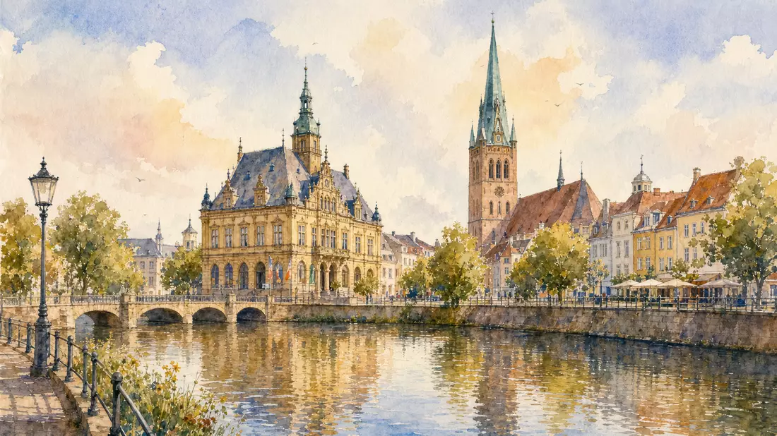 Aquarell-Stadtansicht von Oldenburg mit dem Rathaus an der Hunte