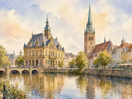 CEWE Stiftung & Co. KGaA DE0005403901 Aquarell-Stadtansicht von Oldenburg mit Rathaus und Hunte-Fluss - Foto: THN