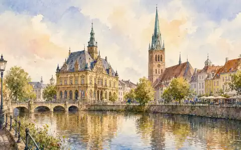 CEWE Stiftung & Co. KGaA DE0005403901 Aquarell-Stadtansicht von Oldenburg mit Rathaus und Hunte-Fluss - Foto: THN