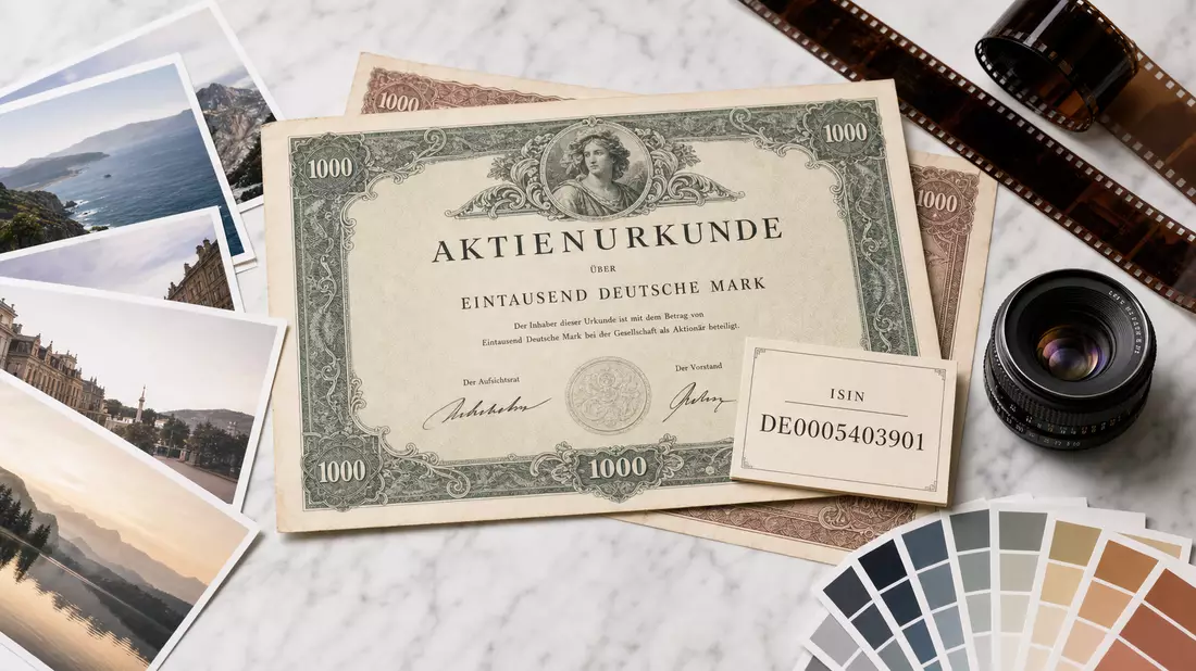 Flatlay mit Aktien-Zertifikat, ISIN-Karte DE0005403901, Fotoabzügen und Kameraobjektiv