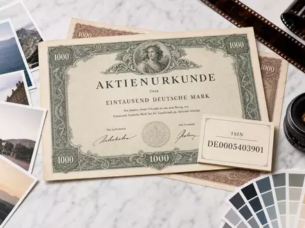 CEWE Stiftung & Co. KGaA DE0005403901 Flatlay mit Aktien-Zertifikat, ISIN-Karte und Fotoprodukten auf Marmor - Foto: THN