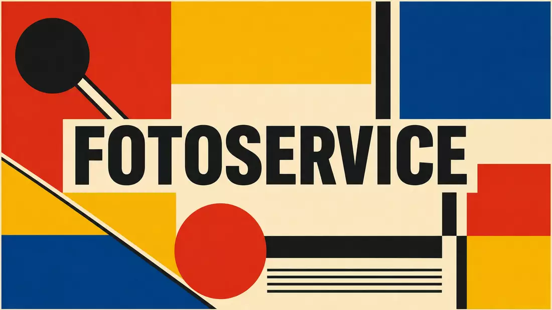 Bauhaus-Poster im geometrischen Stil mit dem Text FOTOSERVICE in Primärfarben Rot Gelb Blau
