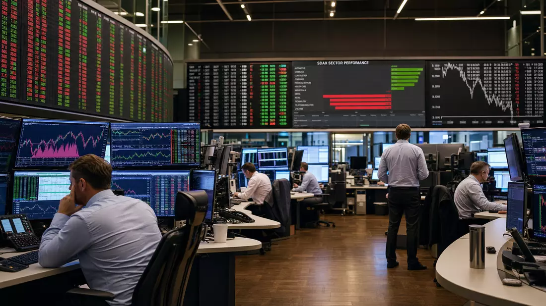 Redaktionelle Aufnahme des Frankfurter Börsenhandelsraums mit Xetra-Handelssystem-Bildschirmen