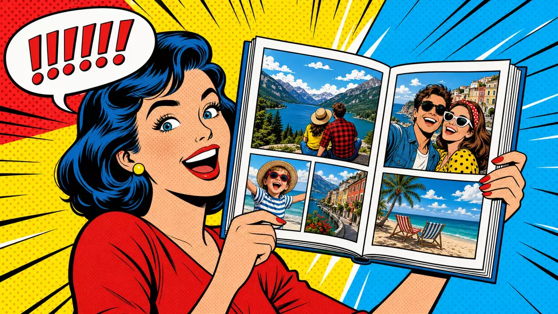 Lebendige Pop-Art-Comicszene mit begeisterter Person die ein buntes Fotobuch hält