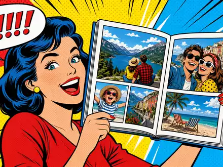CEWE Stiftung & Co. KGaA DE0005403901 farbiges Pop-Art-Comic einer begeisterten Kundin mit Fotobuch - Foto: THN