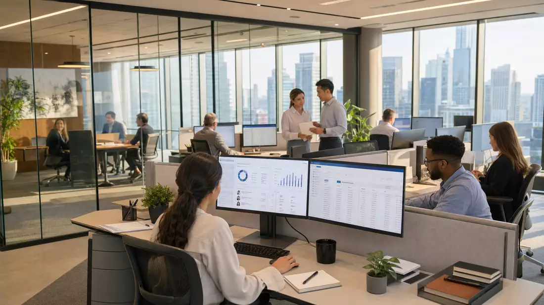 Modernes Büro mit Mitarbeitern an HR-Software-Arbeitsplätzen, Ceridian HCM Holding