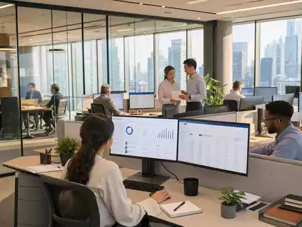 Ceridian HCM Holding US1567001060 zeigt Mitarbeiter beim Arbeiten mit moderner HR Software in offenem Büro - Foto: THN