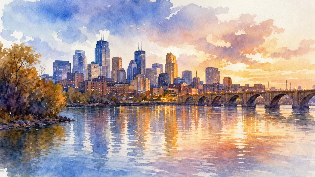 Aquarell der Minneapolis-Skyline am Mississippi-Flussufer im Abenddämmer