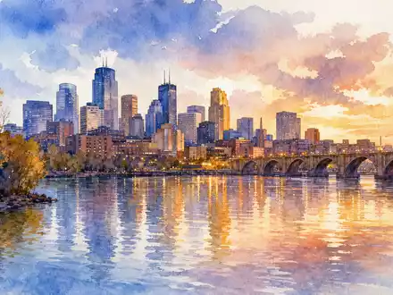 Ceridian HCM Holding US1567001060 als Aquarell Panorama der Skyline von Minneapolis an einem Abend - Foto: THN