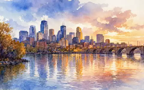 Ceridian HCM Holding US1567001060 als Aquarell Panorama der Skyline von Minneapolis an einem Abend - Foto: THN