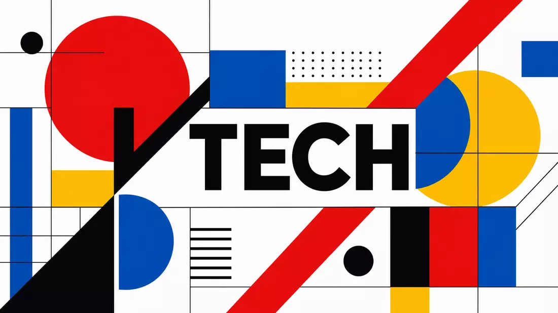 Bauhaus-Poster mit geometrischen Primärfarben und TECH-Schriftzug im Konstruktivismus-Stil