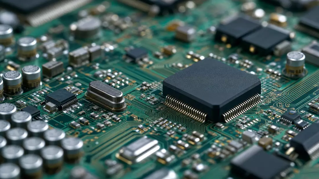Extreme Makro-Nahaufnahme grüner Server-Platine mit Goldspuren und Mikrochips